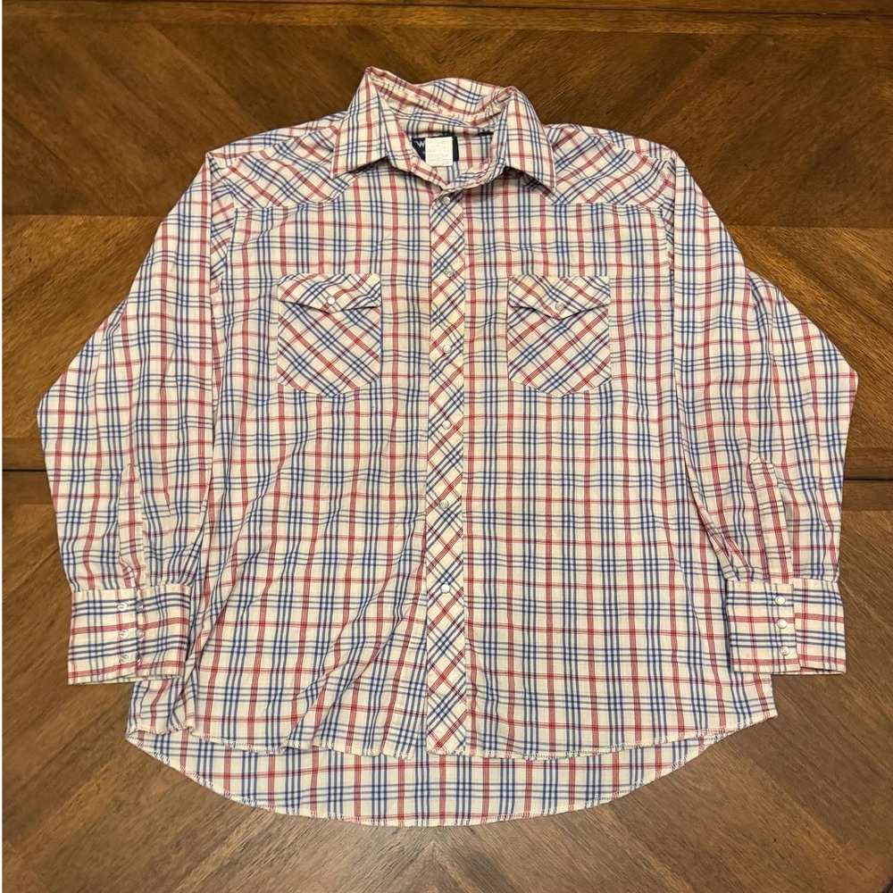 Wrangler Western Shirt Mens 17.5x35 XL Pearl Snap Plaid Long‎ Sleeve Red Blue